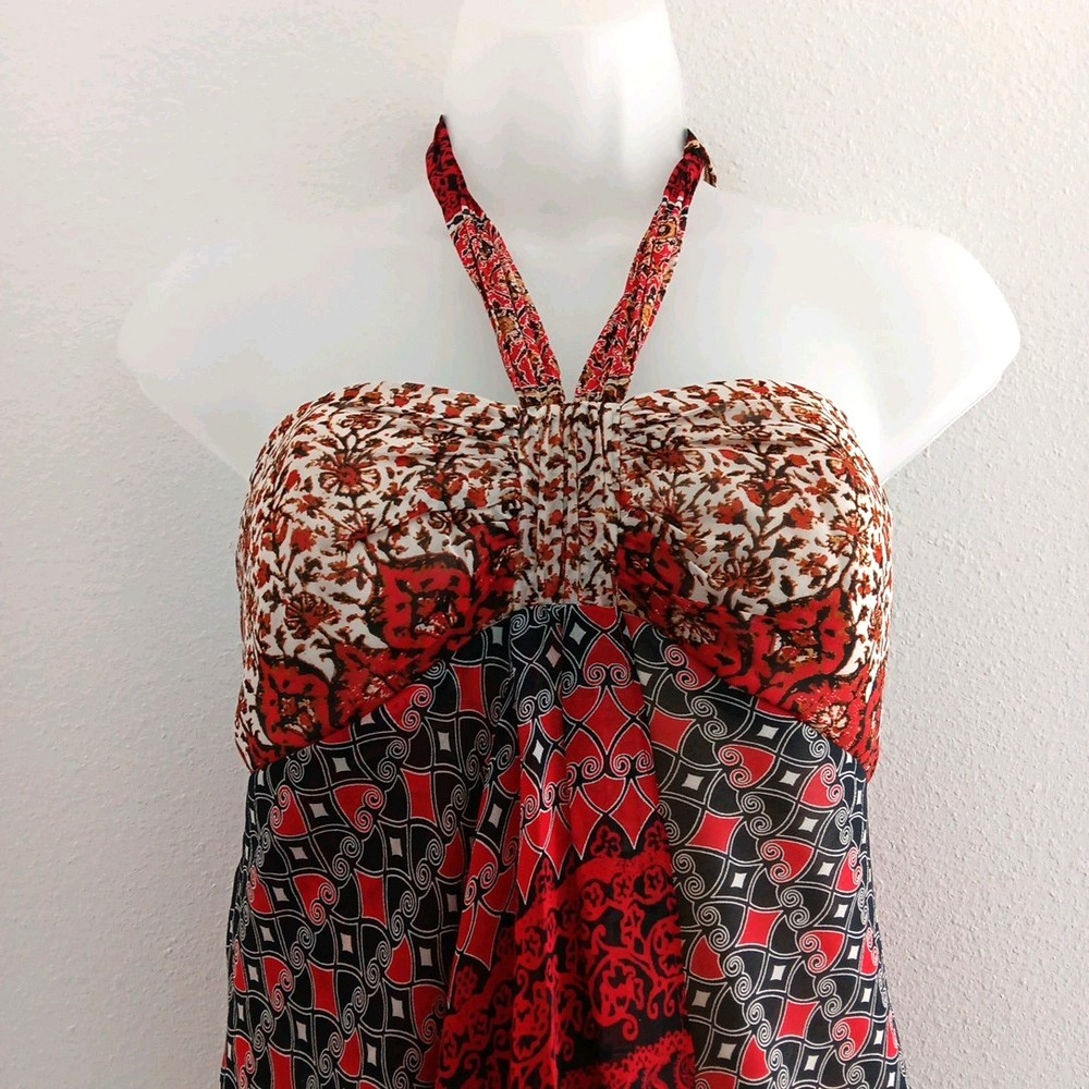 BCBG Maxi Dress Halter Women 6 Boho 100% Silk Red Handkerchief Hem Fairy Beachy - Picture 2 of 14